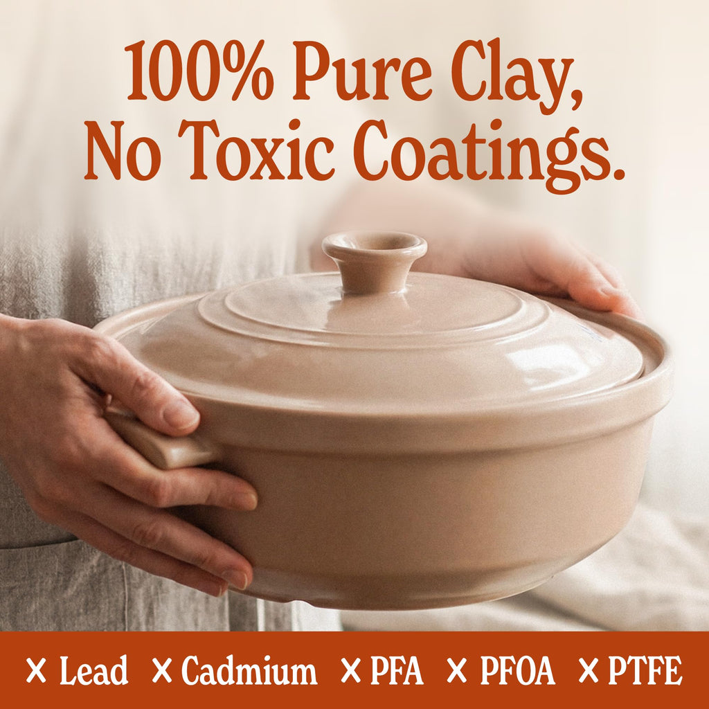 5 Quart Flami Pot with Lid, Natural Clay Pot for Cooking, Non-Toxic PFAS-Free Ceramic Casserole Dish for Oven &