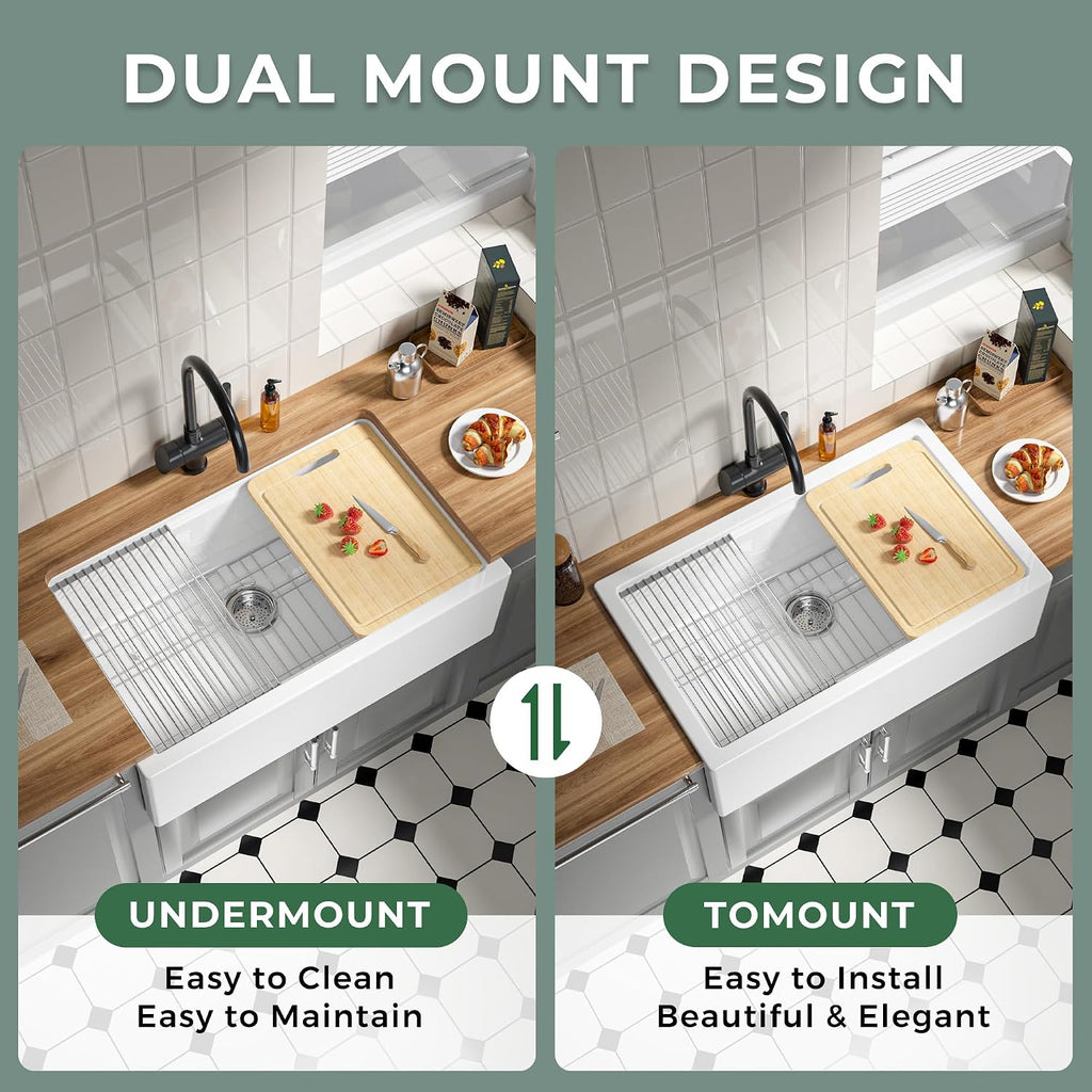 Self Trimming Farmhouse Sink 33 Inch, White Workstation Kitchen Sink | Tall Apron Front 33"x20"x10" Fireclay,Heavy
