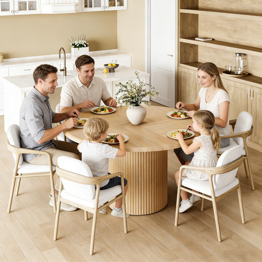 47 Inches Round Dining Table for 4, Farmhouse Natural Wooden Dining Room Table with Heavy Duty Fluted Pedestal, Large