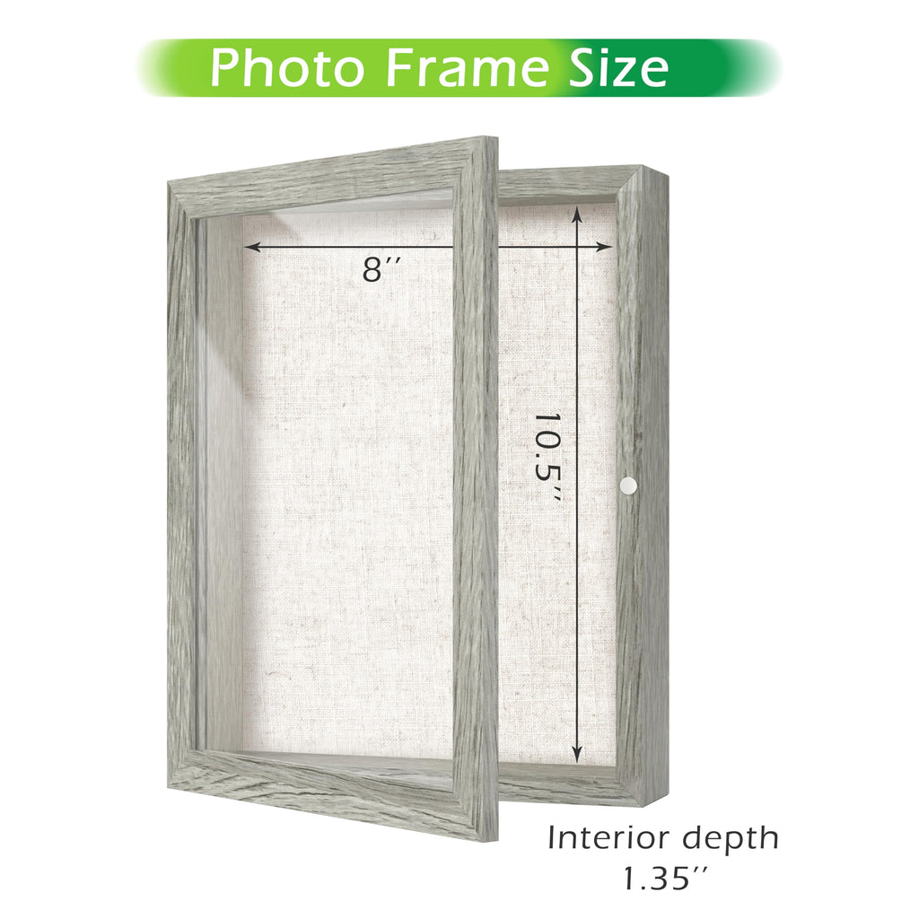 8.5x11 Deep Shadow Box Frame, Wooden Display Case w. Linen Board & Tempered Glass Door - Grey Woodgrain - Medium