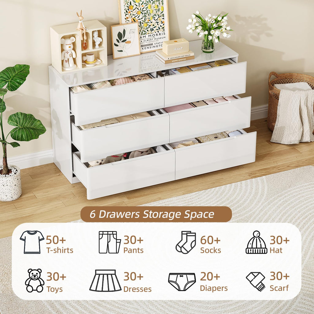 High Gloss Dresser, 47.2" Wide 6 Drawer Dresser, White