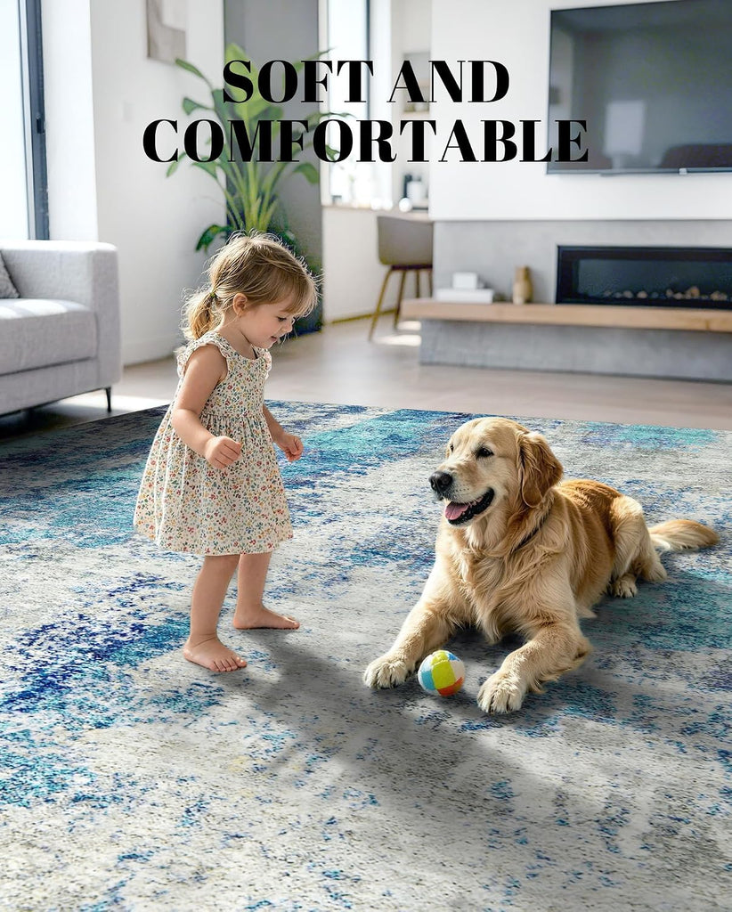 Washable Area Rug Living Room Rugs 8X10 - Neutral Modern Abstract Rugs Soft Carpet with Non Slip Backing for Under