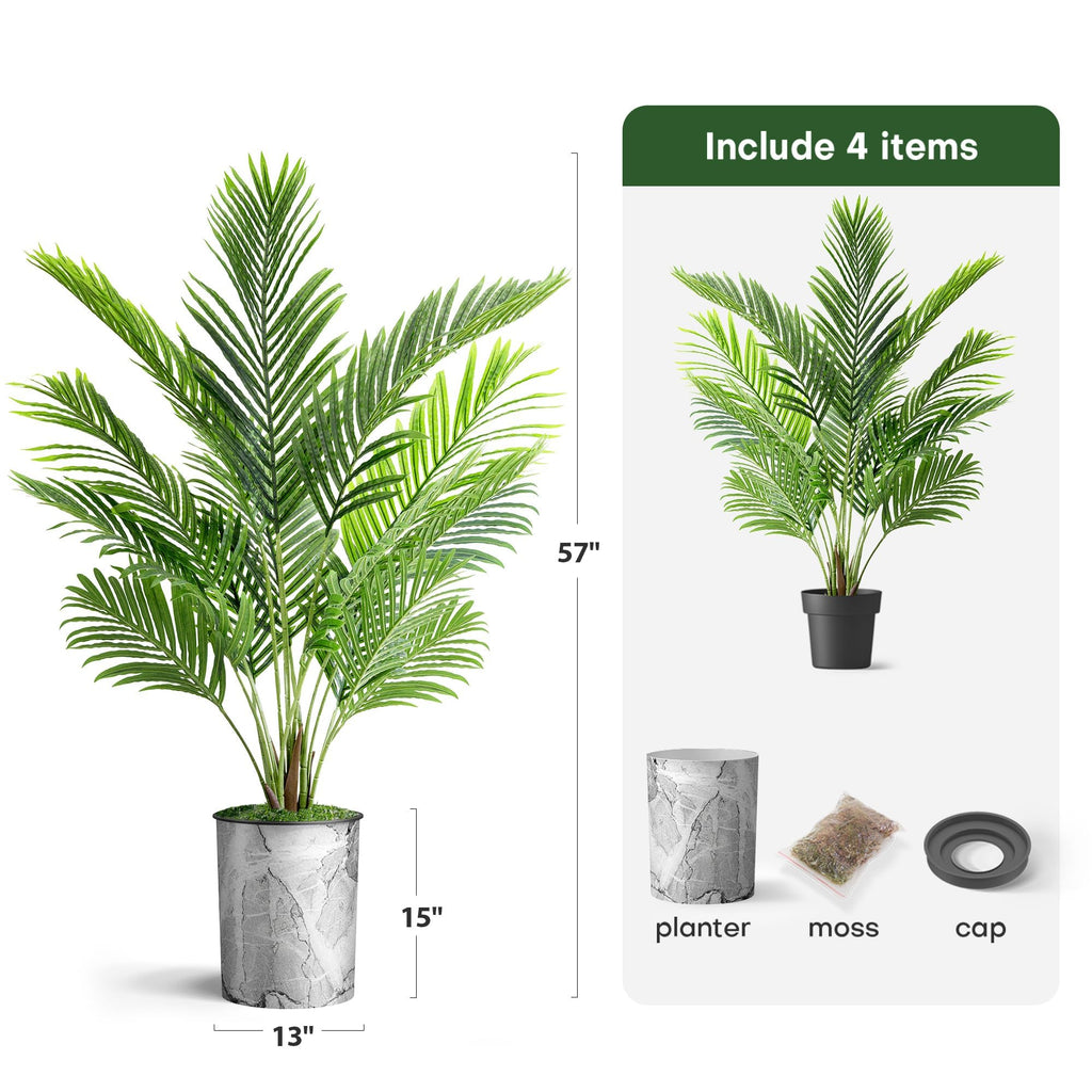 Artificial Tree in Modern Planter, Fake Areca Tropical Palm Silk Tree for Indoor and Outdoor Home Decoration - 57"