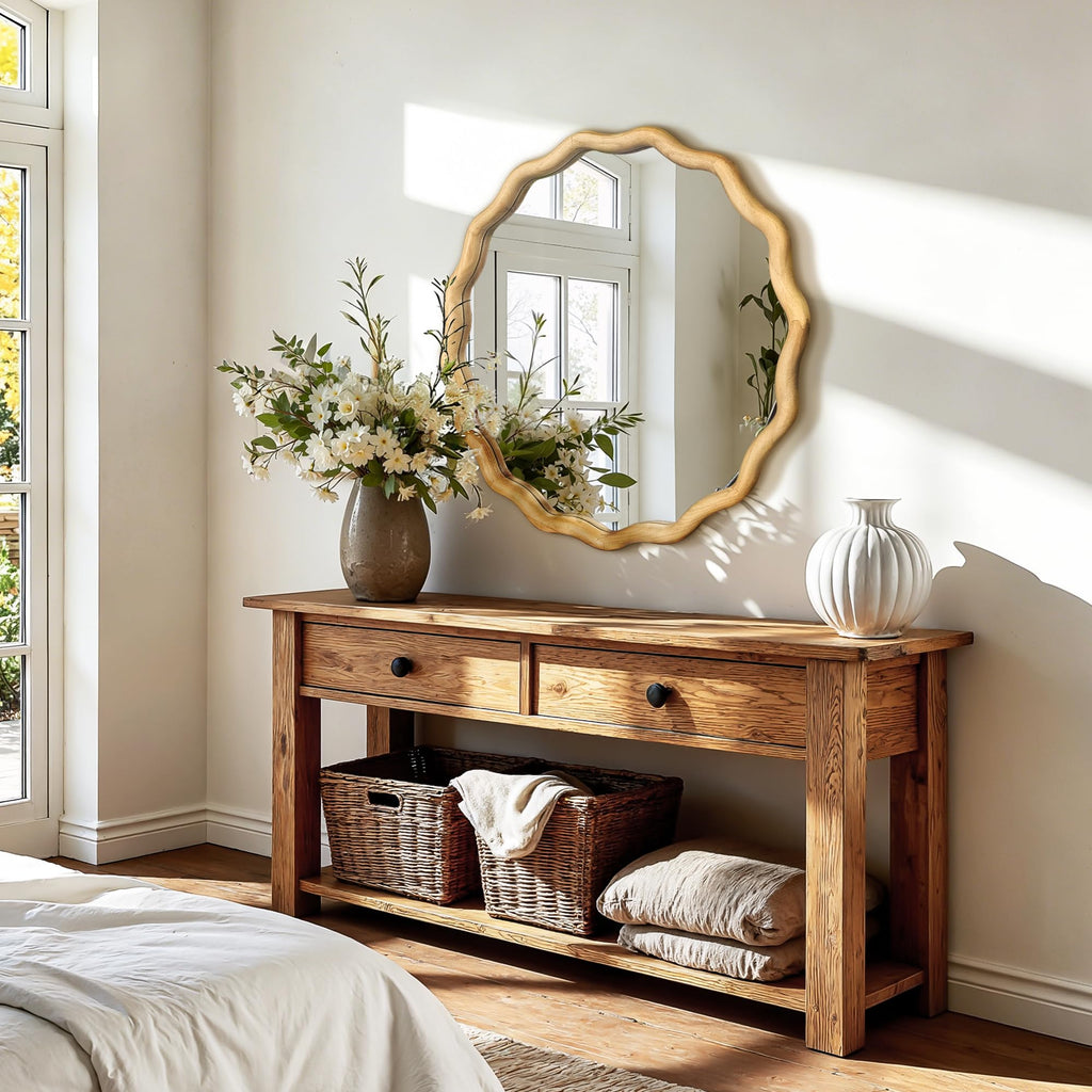 Round Wavy Wall Mirror, 24" Circle Boho Scalloped Mirror