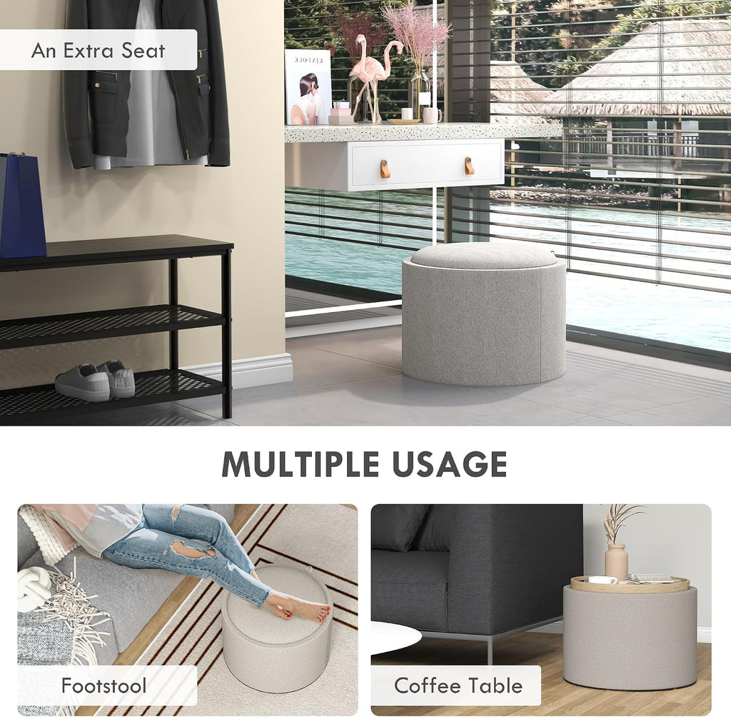 Round Storage Ottoman with Flip Top Tray, Footstool, Light Gray | Upholstered Fabric, Small Coffee Table, Hidden
