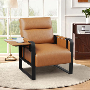 Brown Accent Chair PU Leather Upholstered Armchair with Side Table