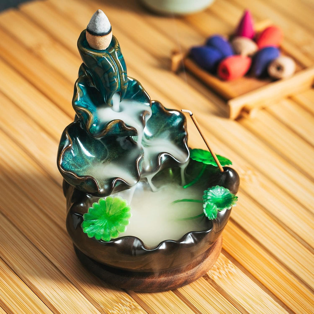Cute Ceramic Backflow Incense Holder Waterfall Incense Burner with 48 Incense Cones and 30 Incense Stick, Incense - Set of 78