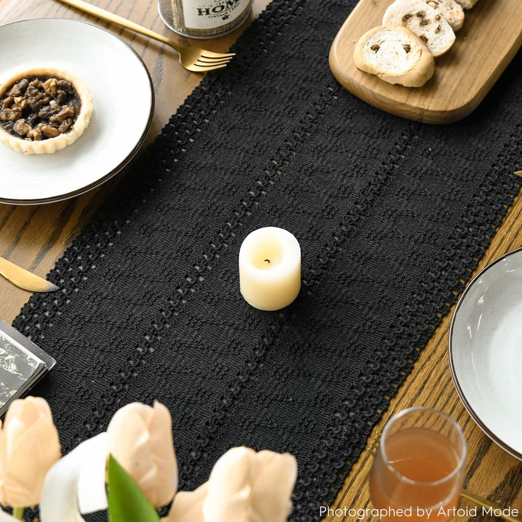 Black Woven Farmhouse Hollow Table Runner 12x120 Inch