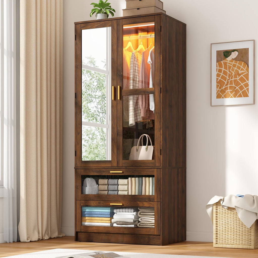 2Doors Armoire Wardrobe Closet with Sensor LED Light and Mirror