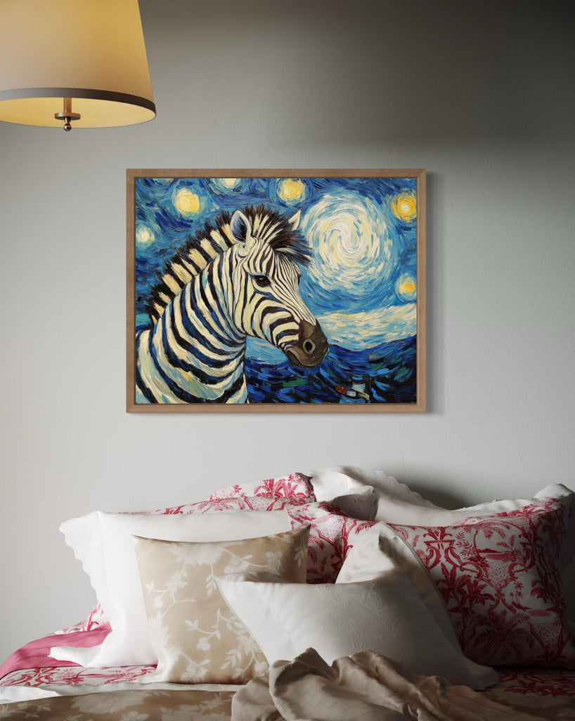 Zebra Wood Framed Art Print Poster, Animal Van Gogh Starry Night Nature Theme Wall art Painting Decor, Art Home