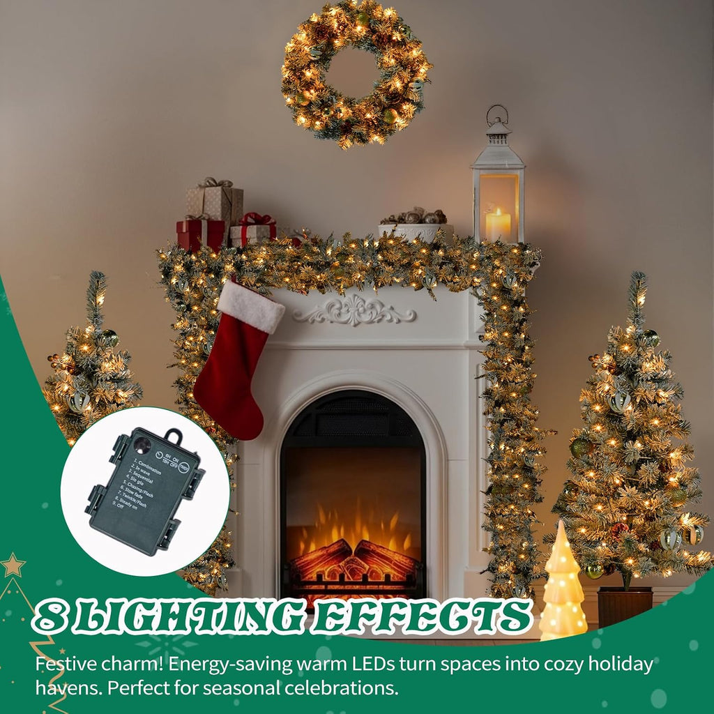 Pre-lit Holiday Christmas 4-Piece Set, Christmas Garland, Wreath and Set of 2 Entrance Trees with Remote Control