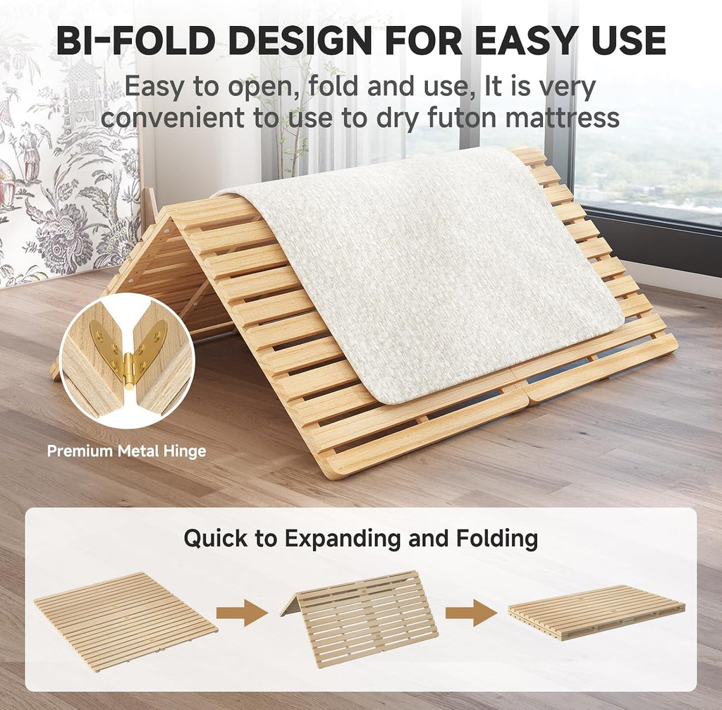 Foldable Floor Bed Frame, Solid Wood Slat Base for Futon Mattress