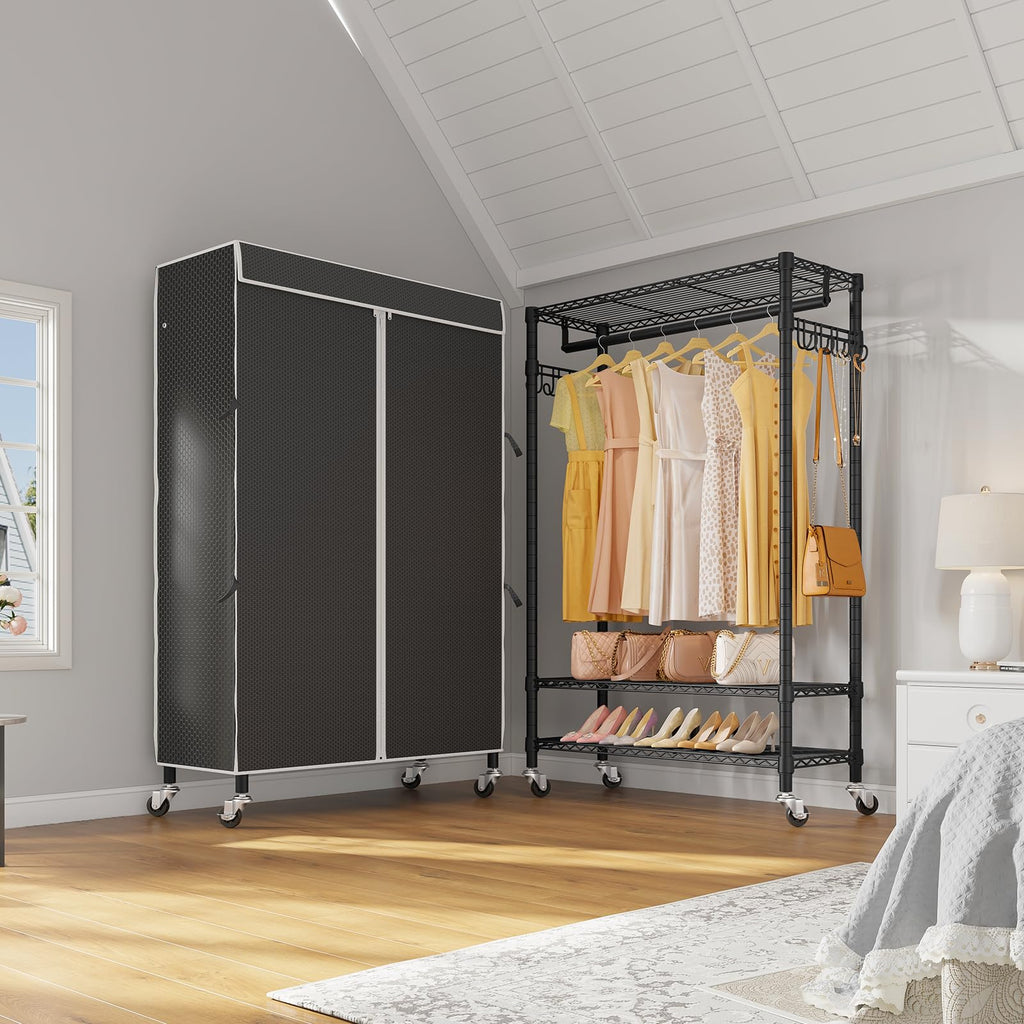 R3C Clothes Rack with Cover, Portable Closet Rolling Garment Rack