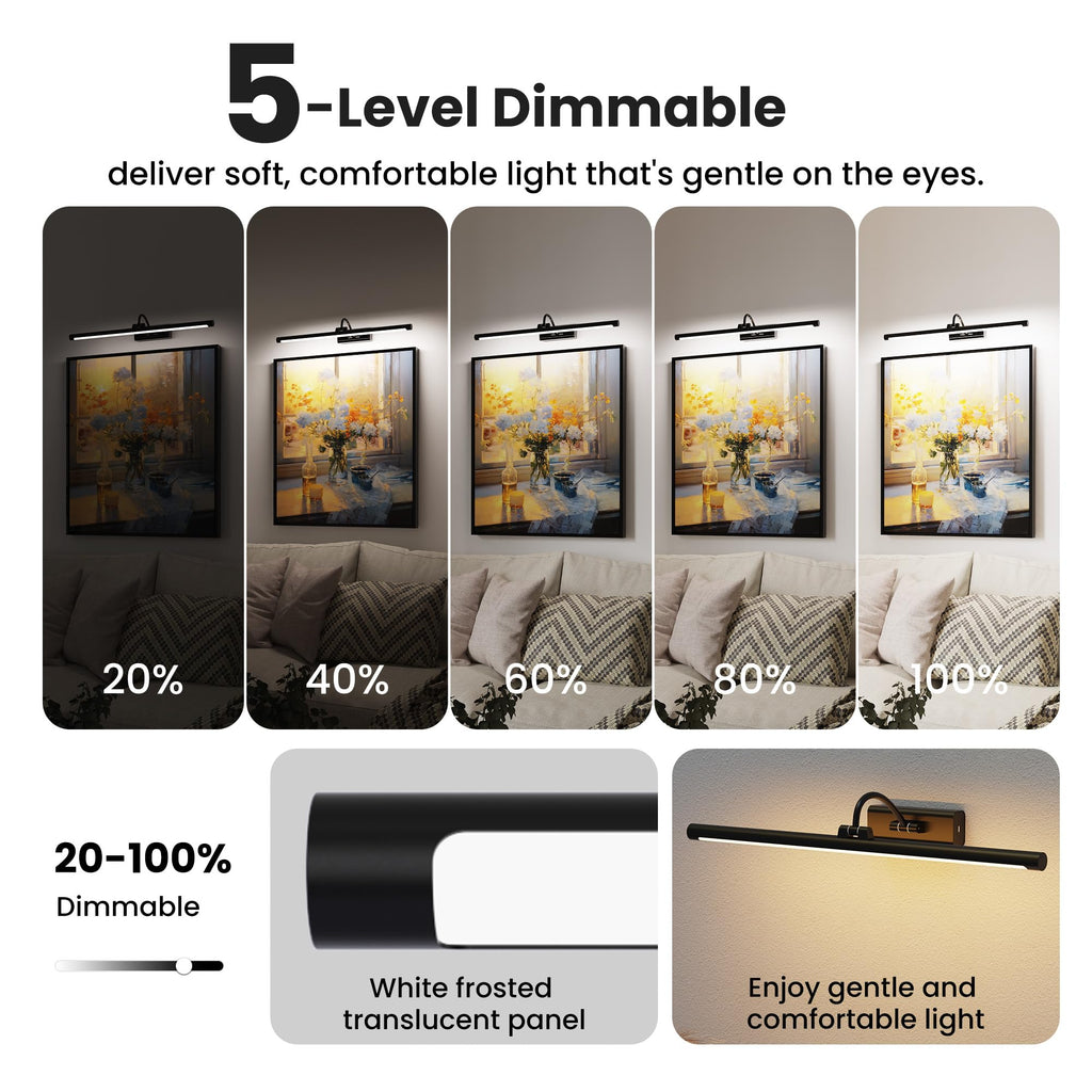 24" Picture Light with 8000mAh Battery - Black Operated Wireless Wall Sconce with Remote & Timer for Large Paintings