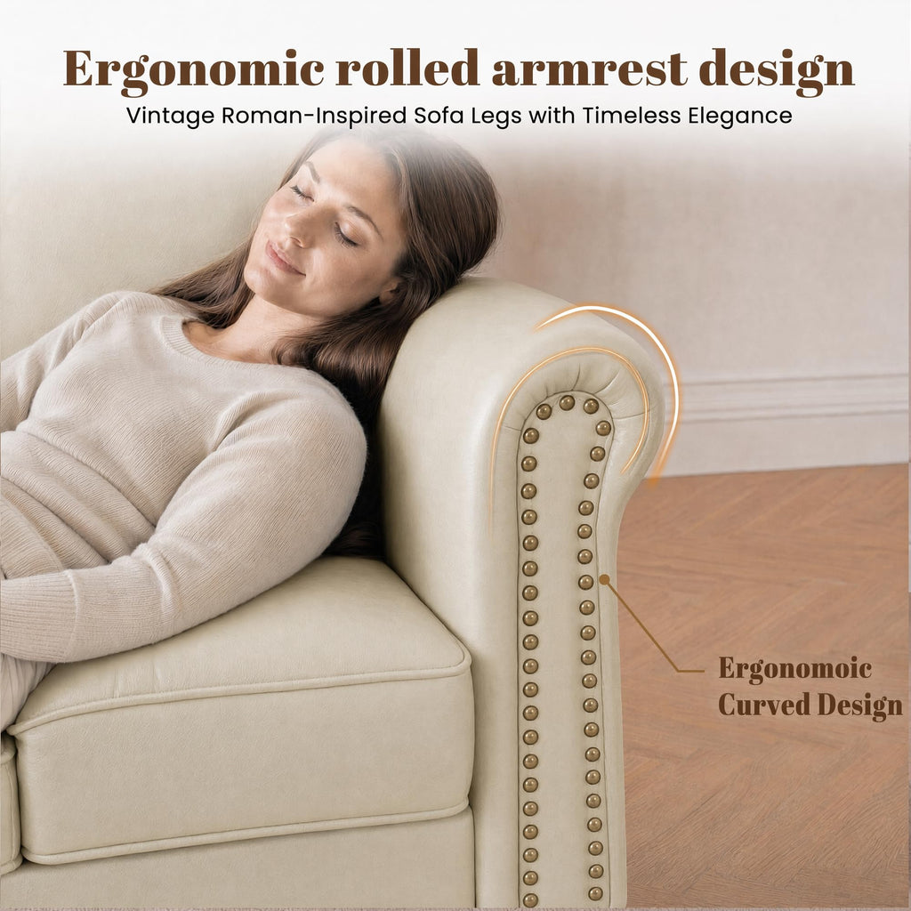 Faux Leather Loveseat Sofa with Rolled Arms, Cream