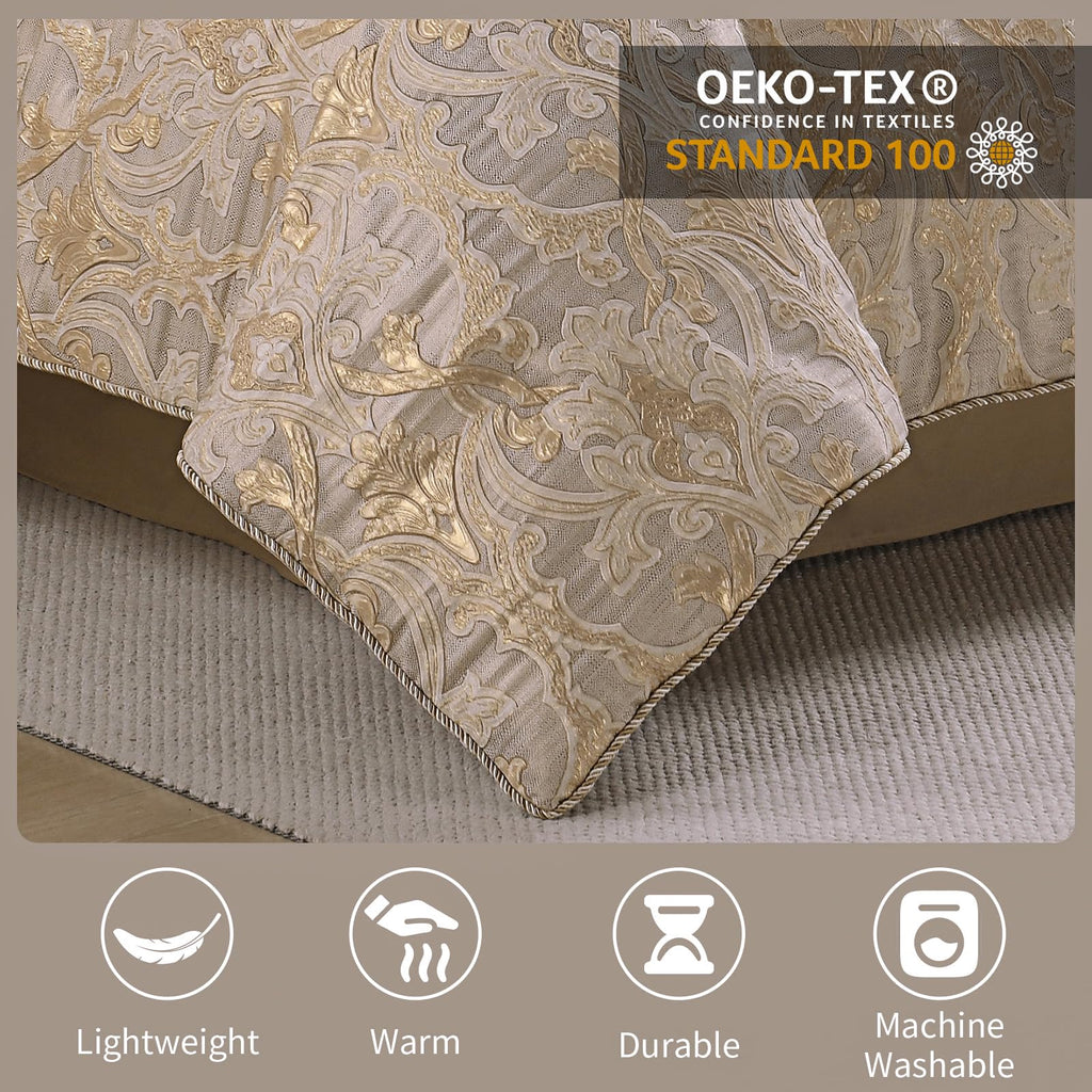 Beige Gold Comforter Set, Luxury 7PC Jacquard Bedding