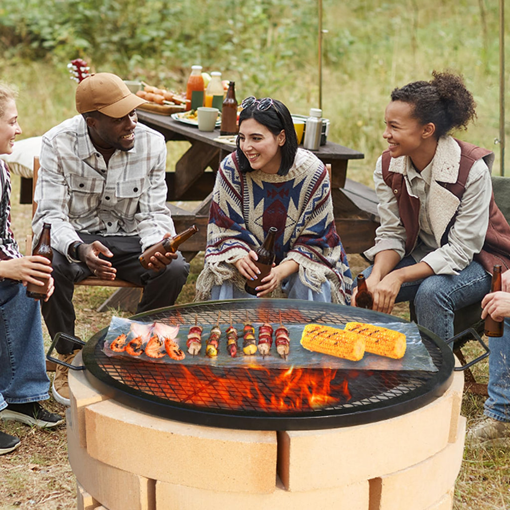 X-Marks Fire Pit Grill Grate, Round Cooking Grate, Heavy Duty Steel Campfire BBQ Grill Grid with Handle and Support X