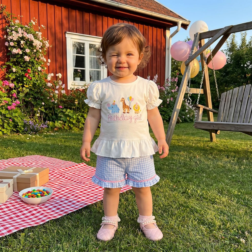 Girl Birthday Outfit Birthday Girl Animal Embroidery T-shirt Ruffle Plaid Shorts Cake Smash Outfit 1