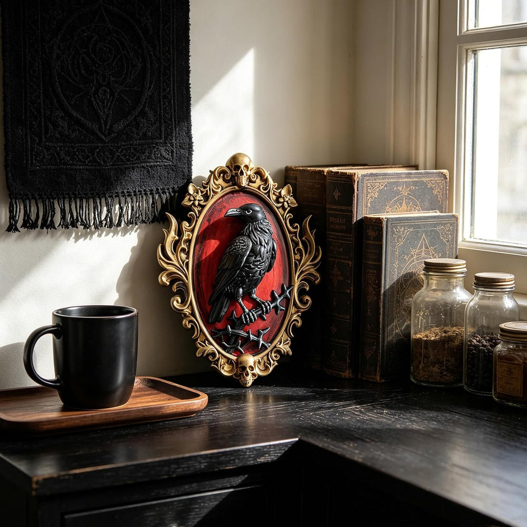 Gothic Raven Resin Wall Sculpture, 3D Crow Wall Decor with Gold Skull Frame