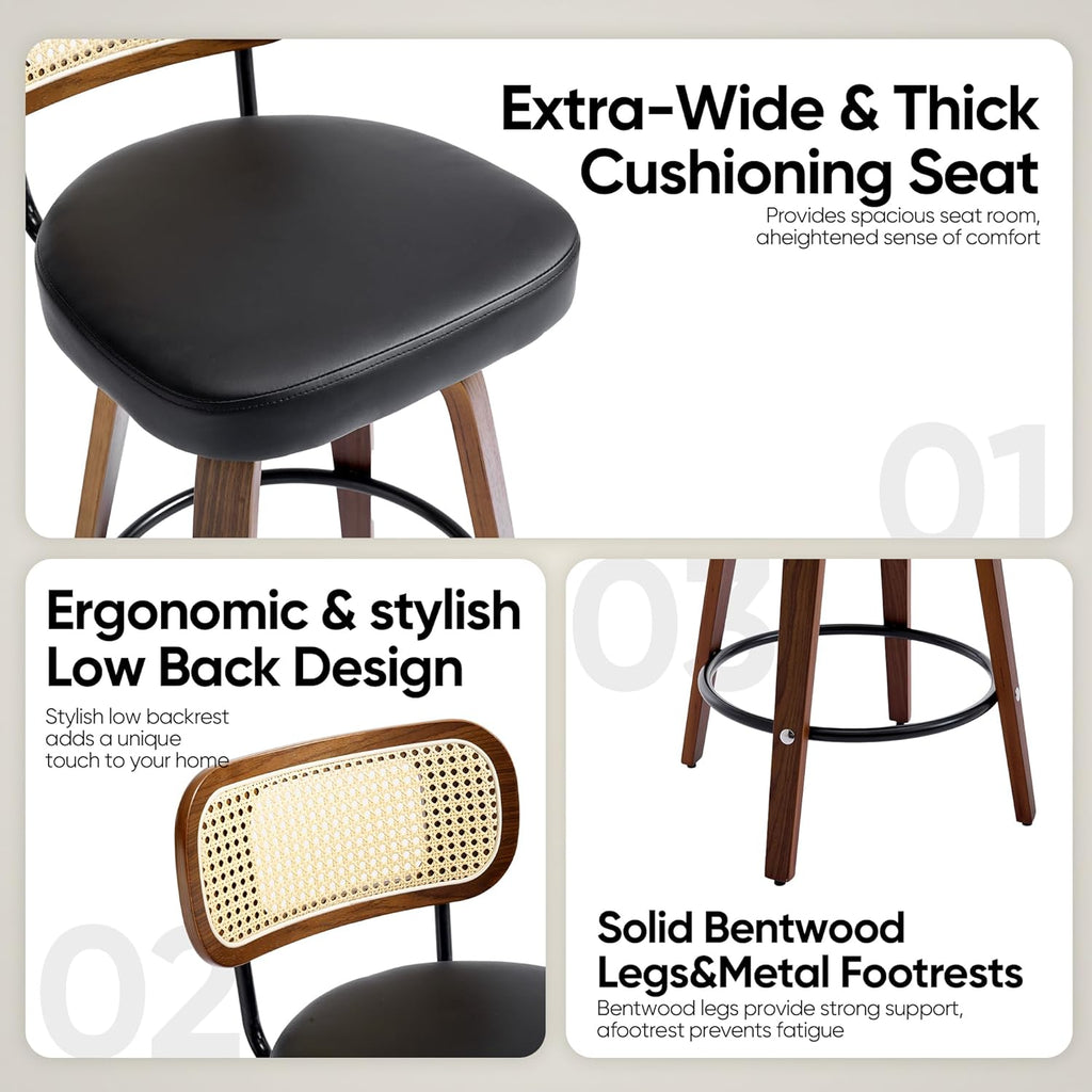Natural Rattan Bar Stools Set of 2,Upholstered PU Leather, 26'' Counter Height Barstools with Back and Wood