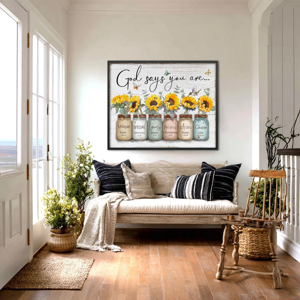 Inspirational Bible Verse Wall Art: God Says You Are Wall Sayings Sunflower in Mason Jar Picture Print Christian Gift