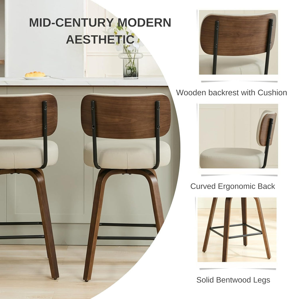 Swivel Bar Stools Set of 3, 26" Upholstered Counter Height Bar Stools with Back and Walnut Wood Legs, Faux Leather