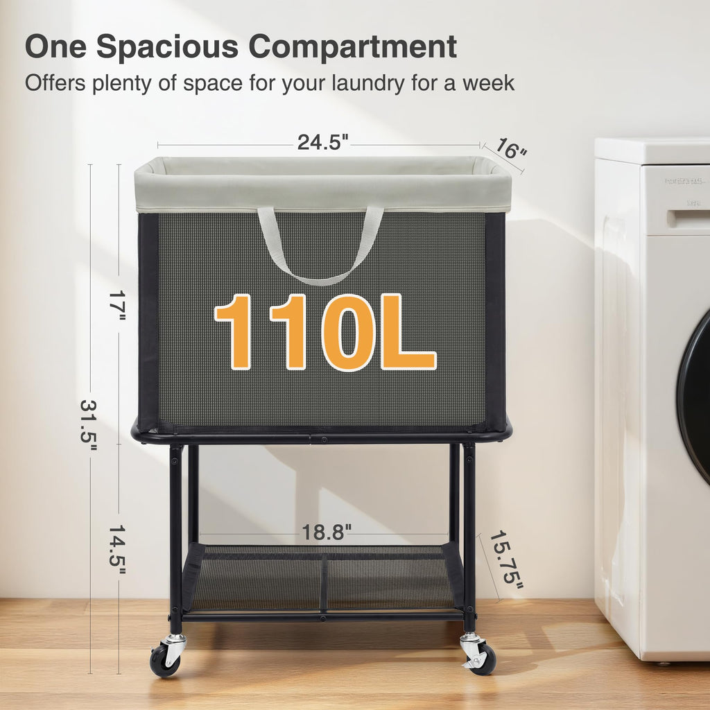 Rolling Laundry Hamper with Lockable Wheels, 29-Gallon (110L) Laundry Cart with Removable Canvas Bag, 2-Tier Clothes