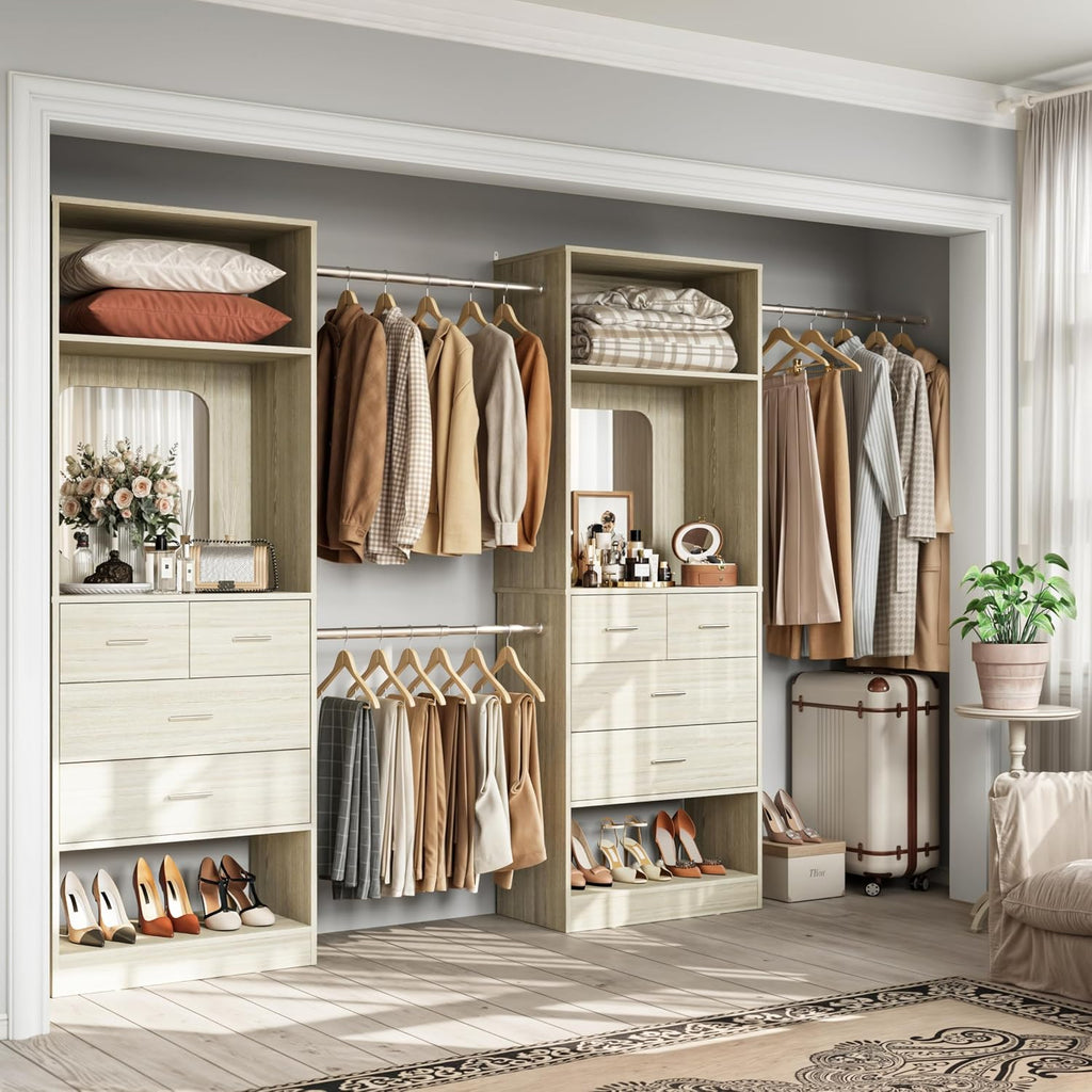 Closet System, 6-14FT Walk in Closet Organizer with 8 Drawers and Mirror, 168" Wood Closets Insert with Tower, Sturdy