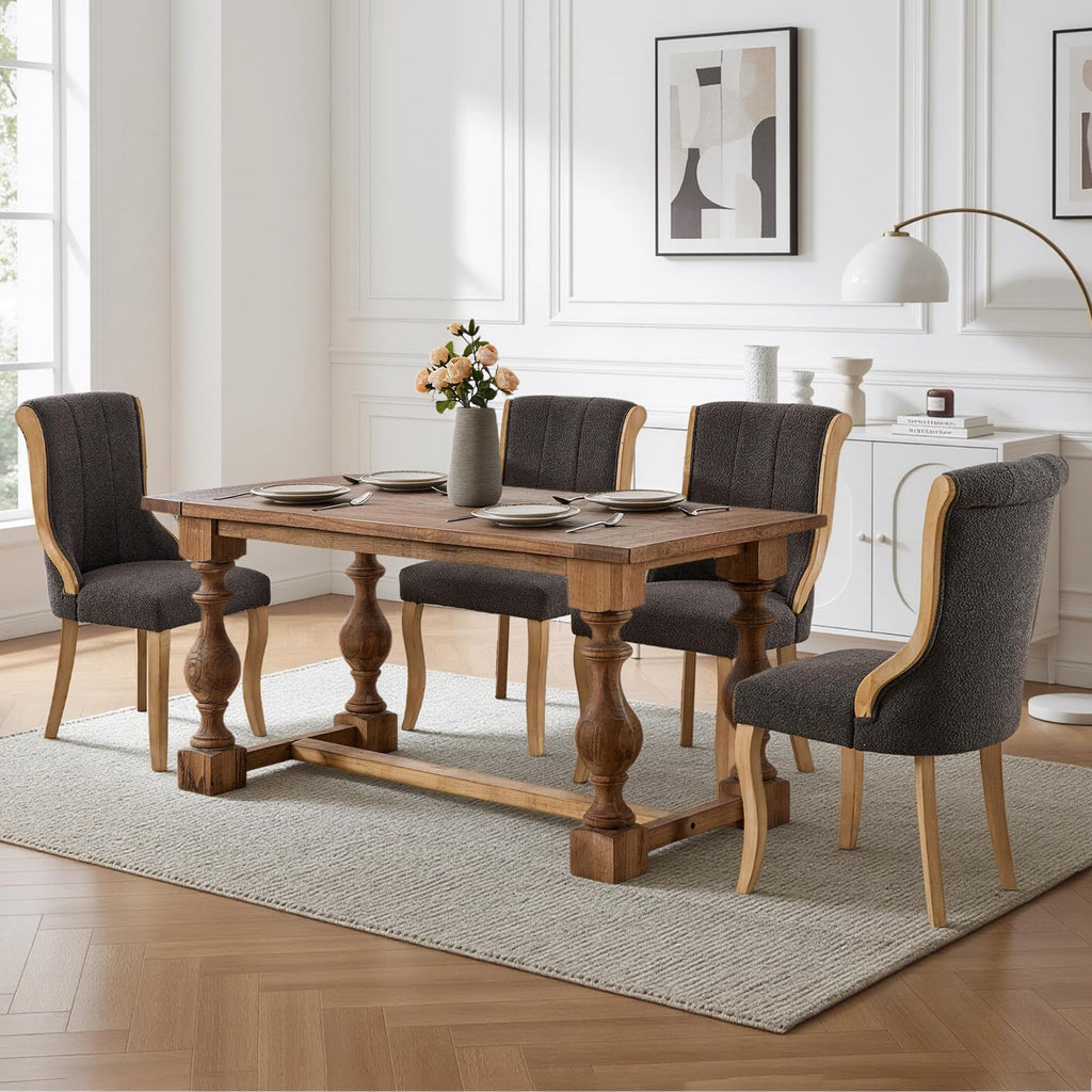 Boucle Fabric Set of 6, Curved Wood Trim and Sculpted Solid Wood Legs (Grey)