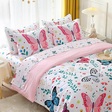 Girls Butterfly Comforter Set Full 7 Piece Bed in A Bag Colorful Flowers Leaves Bedding Set for Kids Teens Super Soft