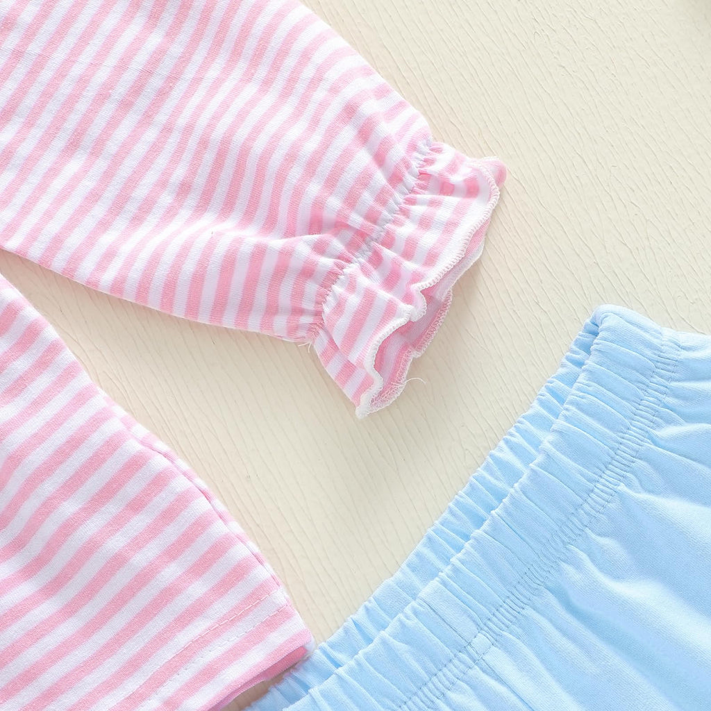 Girls Fall Outfits Strip Long Sleeve Top Solid Pants Casual Clothes Smocked Outfit Toddler Baby Outfits (Pink, )