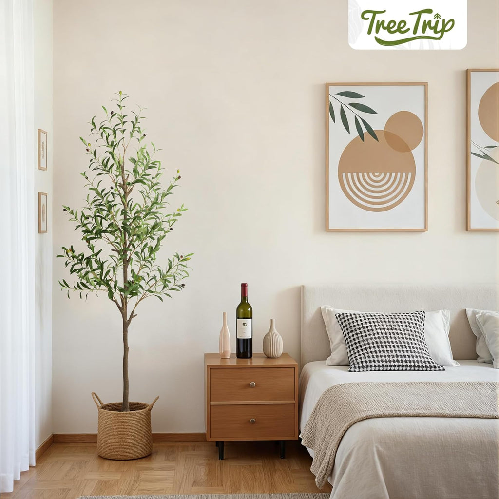 Olive Tree Artificial Indoor, 6 FT Faux Olive Trees with Planter, Fake Tall Plants with Natural Trunk and Lifelike