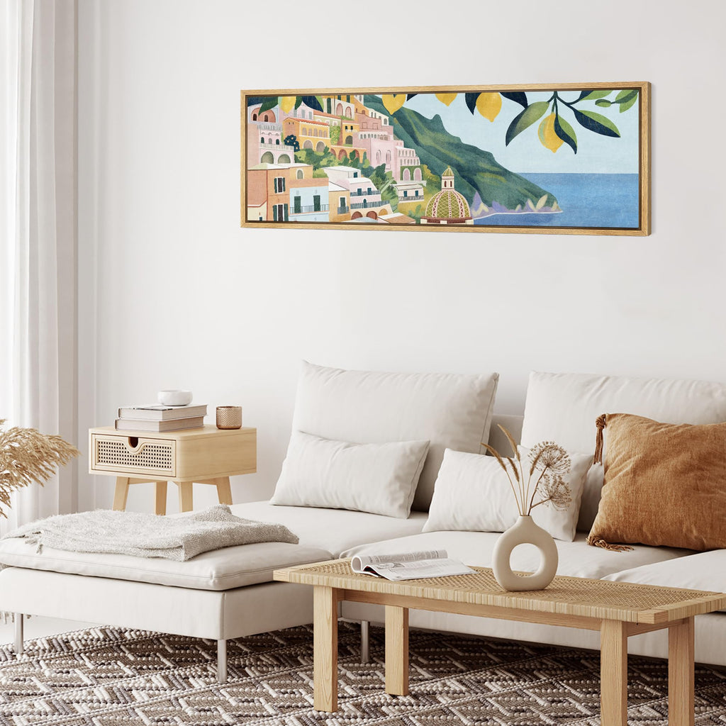 Large Framed Canvas Print Wall Art Mediterranean Coastal Village with Lemon Tree Antique Retro Fine Art Illustrations