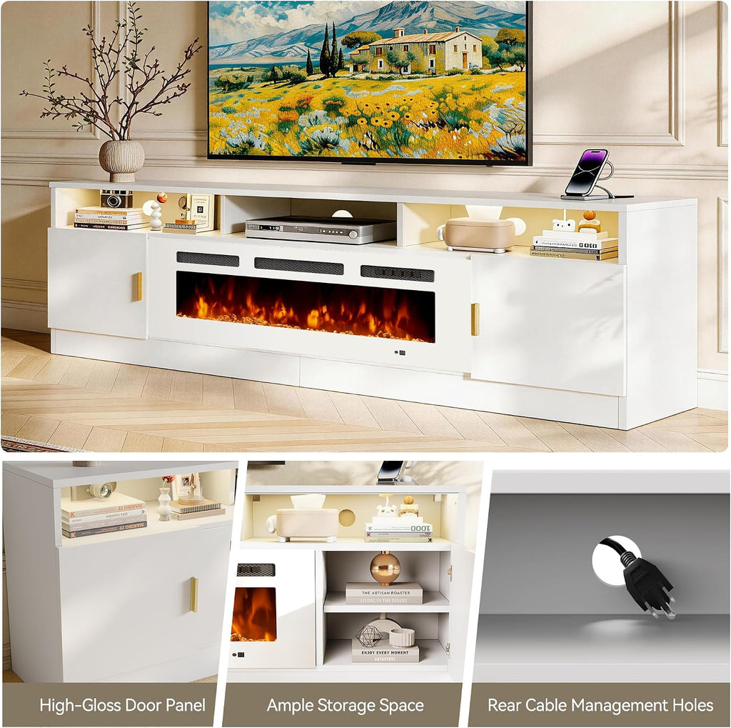 80" Fireplace TV Stand with Power Outlet, Electric Fireplace Entertainment Center with Storage Cabinets, Fits TVs up