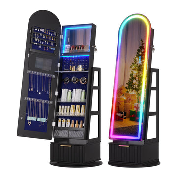 Arched Jewelry Cabinet with RGB Full-Length Mirror and Storage