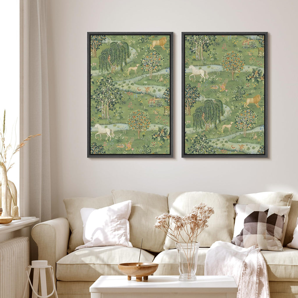 Framed Canvas Print Wall Art Set Enchanted Woodland Meadow with Lions, Unicorns, and Forest Wildlife Illustrations
