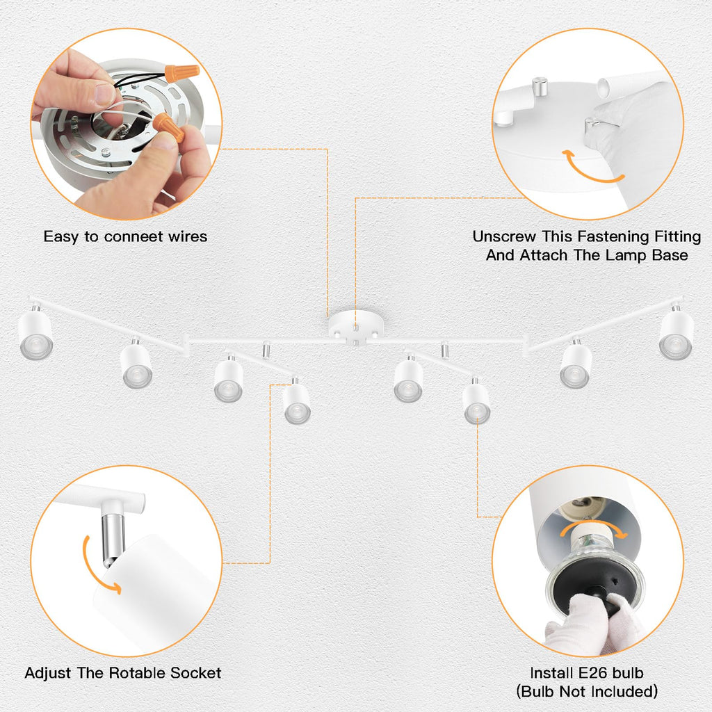 LED 8 Light Track Lighting Kit, White 8 Way Ceiling Spot Lighting, Flexibly Rotatable Light Head, GU10 Bulb Not
