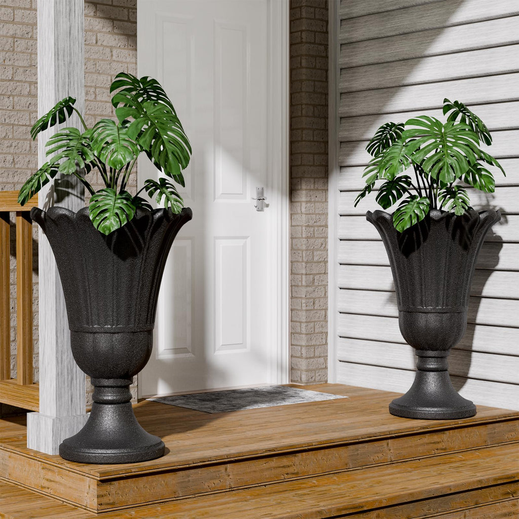 Tall Plastic Urn Planters and Pedestal - 24" Outdoor Planter Black