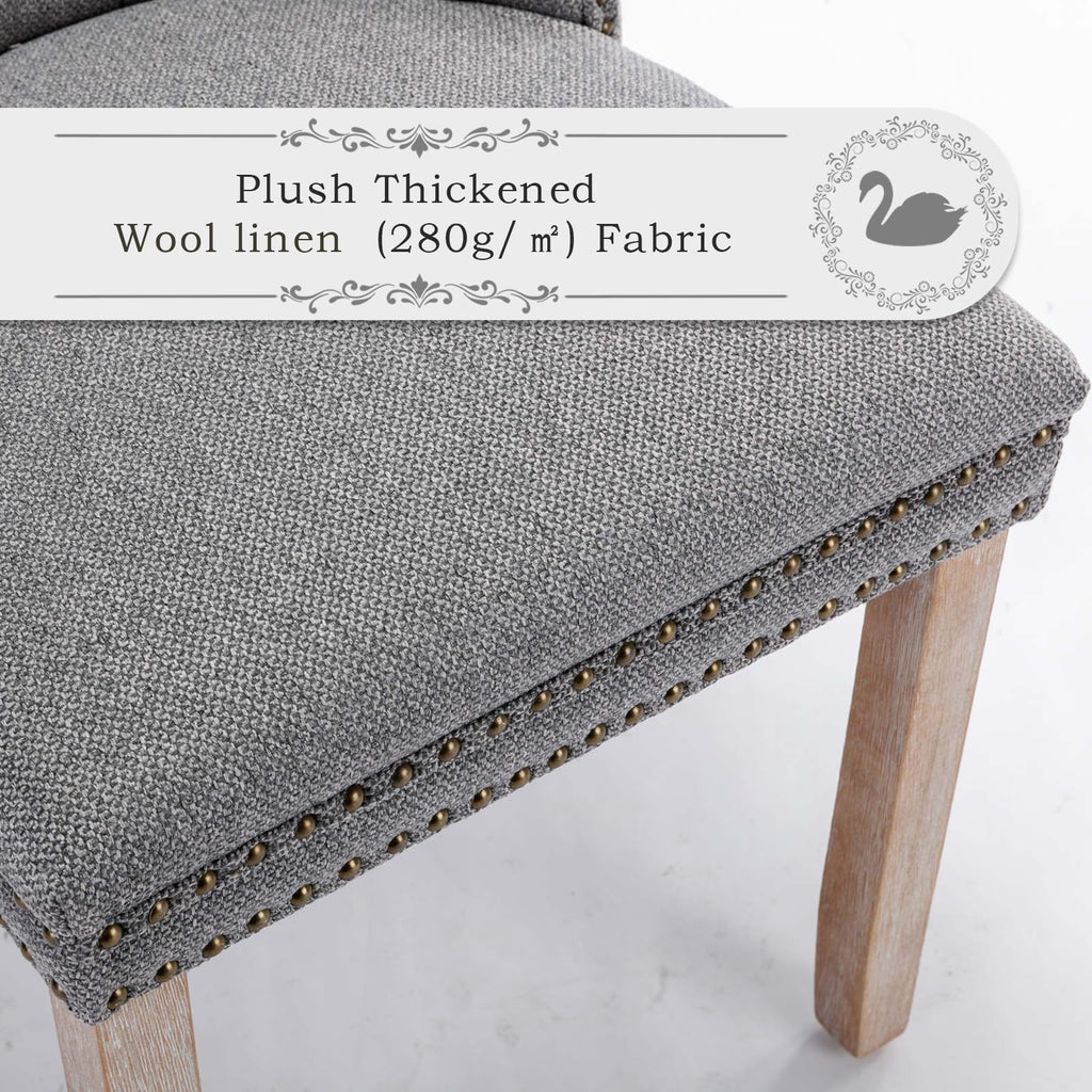 Linen Upholstered Set of 2, Modern Style Kitchen Side Chairs with Nailhead Trim and Wood Leg, Metal Pulling Ring
