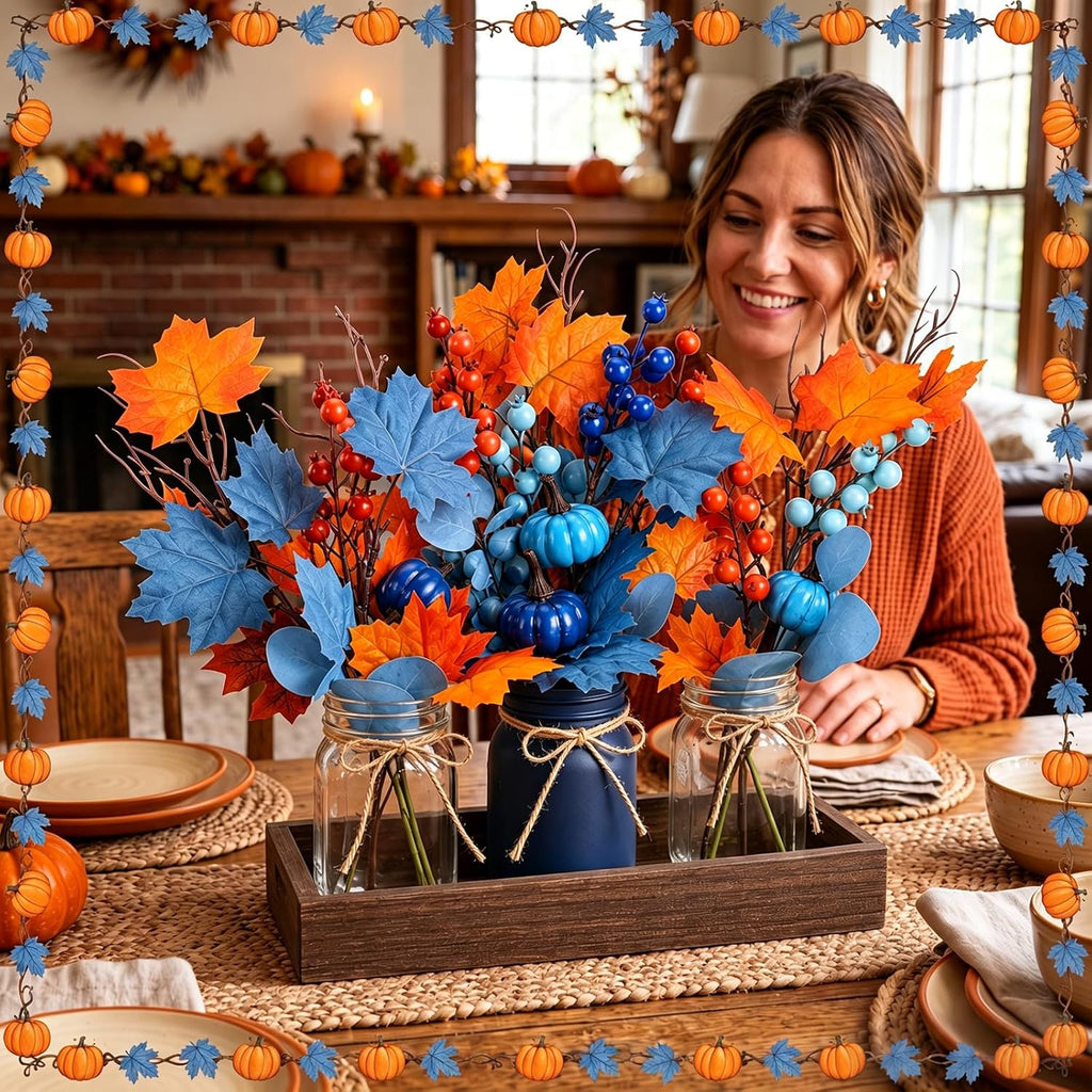 Navy Blue and Burnt Orange Fall Mason Jar Centerpiece - Set of 3