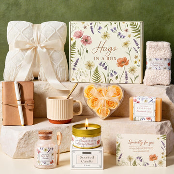 Gift Baskets for Women Spa, Self Care Package with Rose Flower, Soft Blanket & Socks, Birthday Gifts Mothers Day