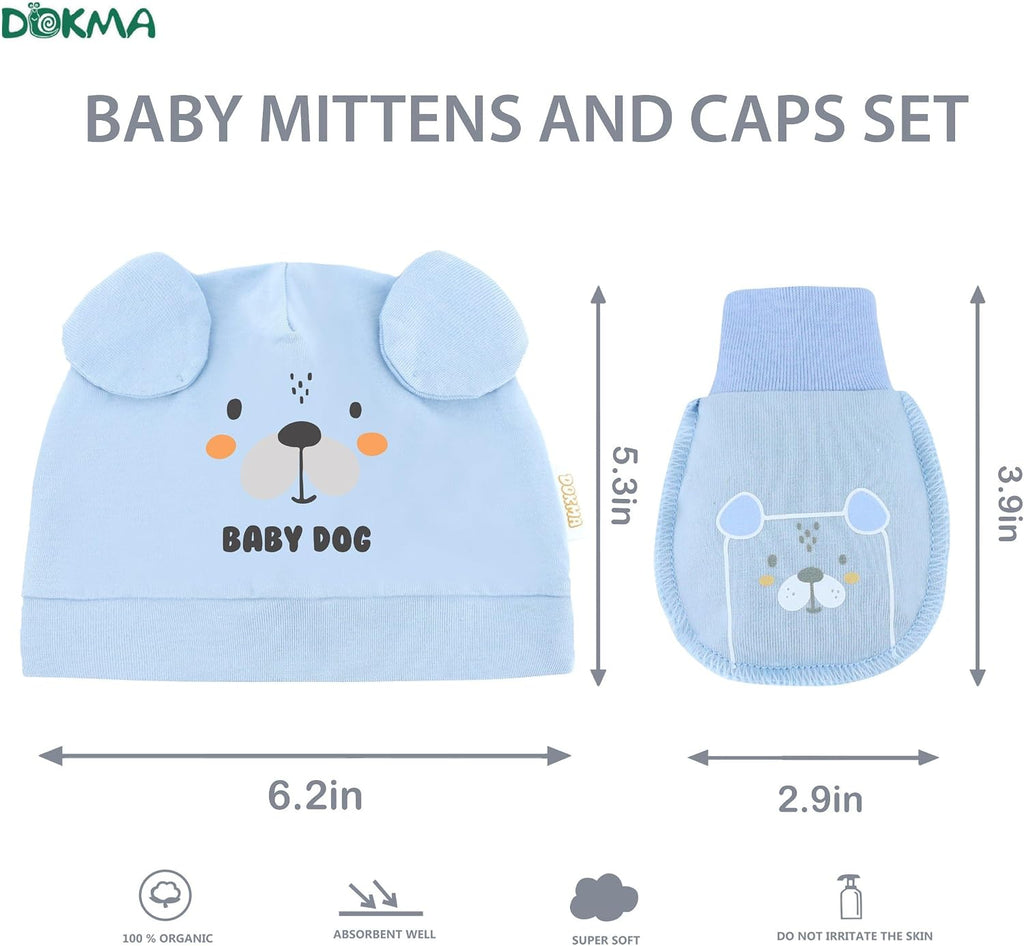 Organic Cotton Baby Mittens and Caps Set with Adorable Bear Design for Newborn 0-6 Months, No Scratch, Ultra Soft - 5