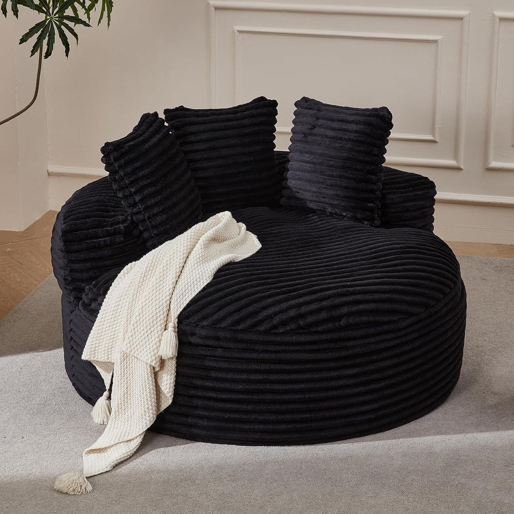 55'' Oversized Round Boneless Chair, Cozy Corduroy Cloud Chair with 3 Pillows, Deep Seat Chaise Lounge Chair Indoor