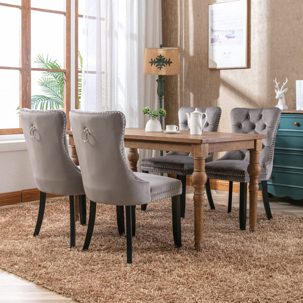 Grey Velvet Dining Chairs Set of 6, Tufted Back with Ring Pull