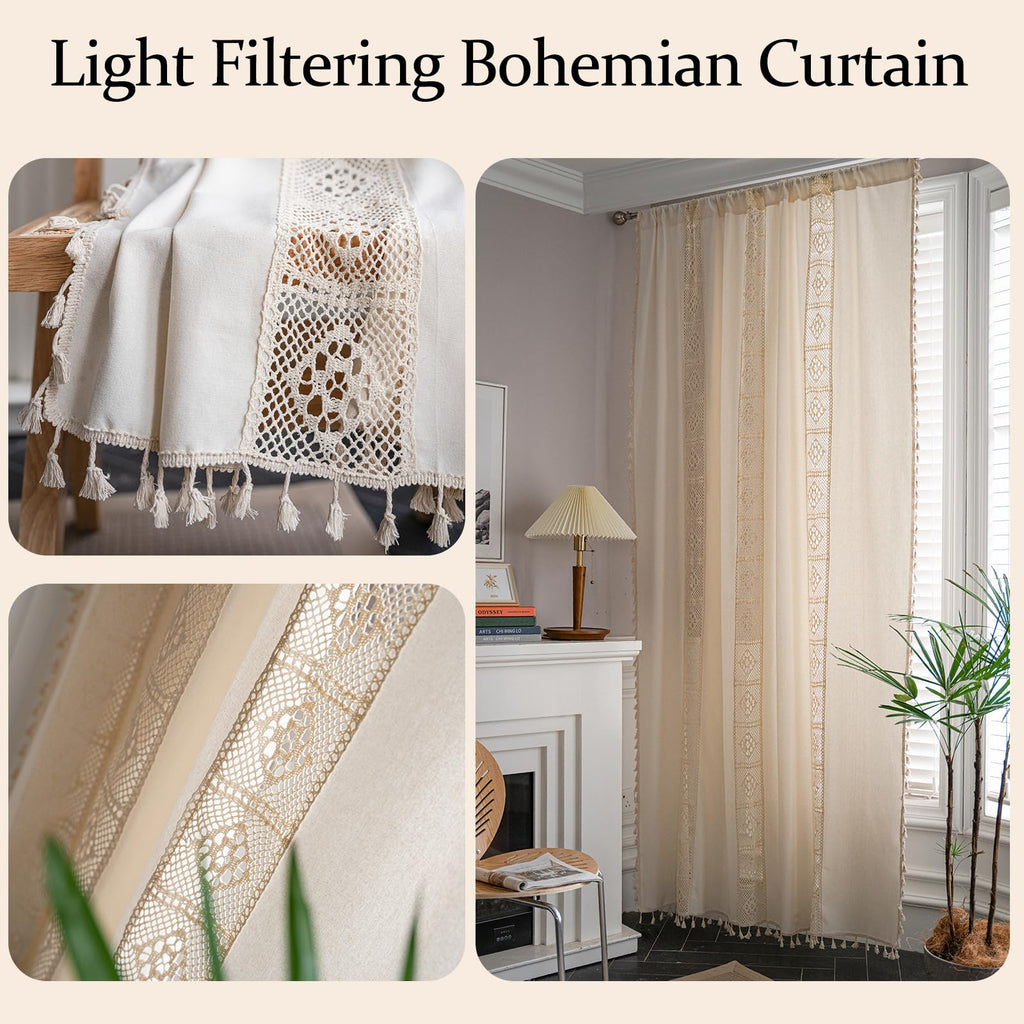Boho Curtain Crochet Lace Patchwork Semi-Blackout Bohemian Handmade Tassels, Rod Pocket Window Treatment Vintage