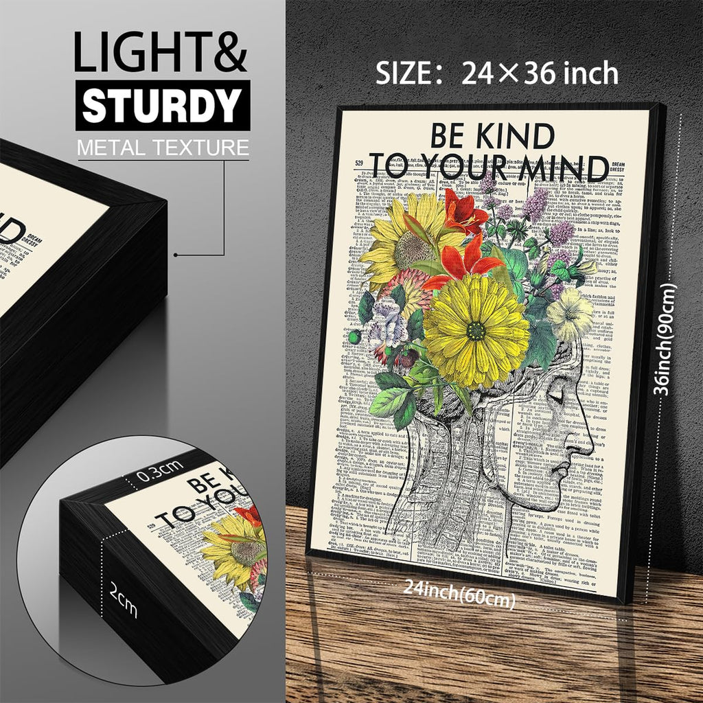 Be Kind To Your Mind Quote Poster Prints Mental Health Canvas Wall Art 24x36 inch Black Framed Vintage Newspaper