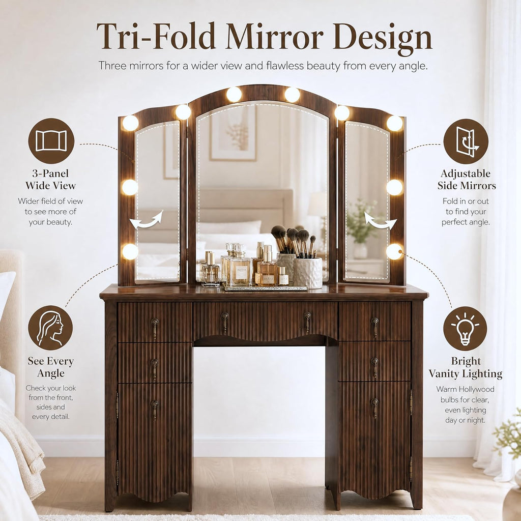 Vanity Desk with Mirror and Lights, Tri-Fold Fluted Makeup Vanity,Walnut | Power Outlet, Glass Top &,Wooden, Dressing