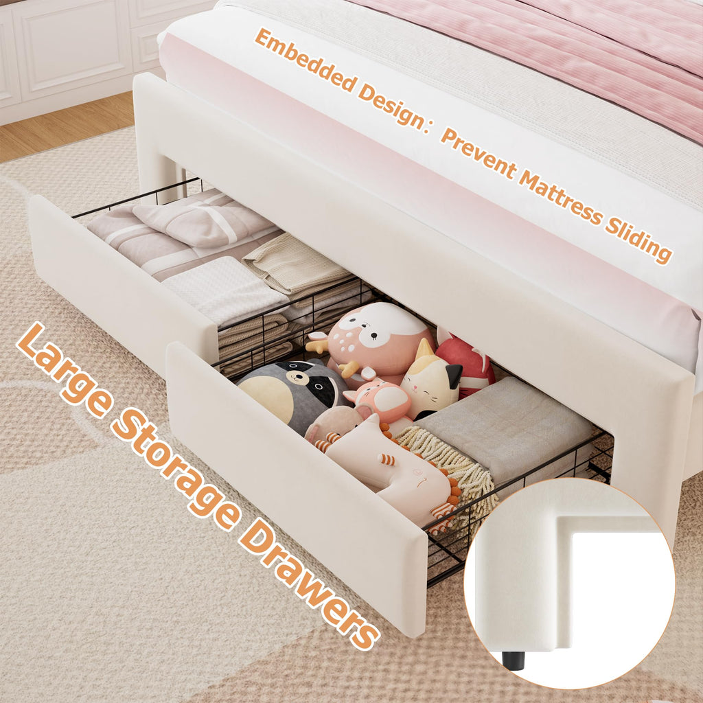 Full Upholstered LED Bed Frame with 2 Storage Drawers and Adjustable Chic Double Wavy Headboard, Velvet Princess
