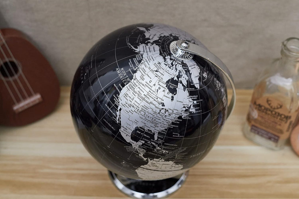 Metallic World Globe Black - Educational/Geographic/Modern Desktop Decoration - Stainless Steel Arc and Base/Earth