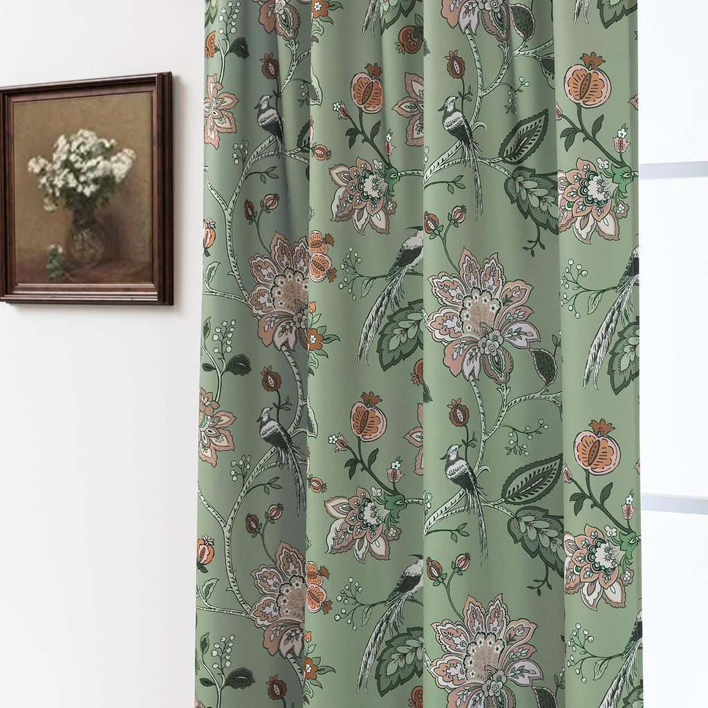 Green and White Curtains 96 Inches Long 2 Panel Set for Bay Window,70% Blackout Eclectic Art Nouveau Print Floral